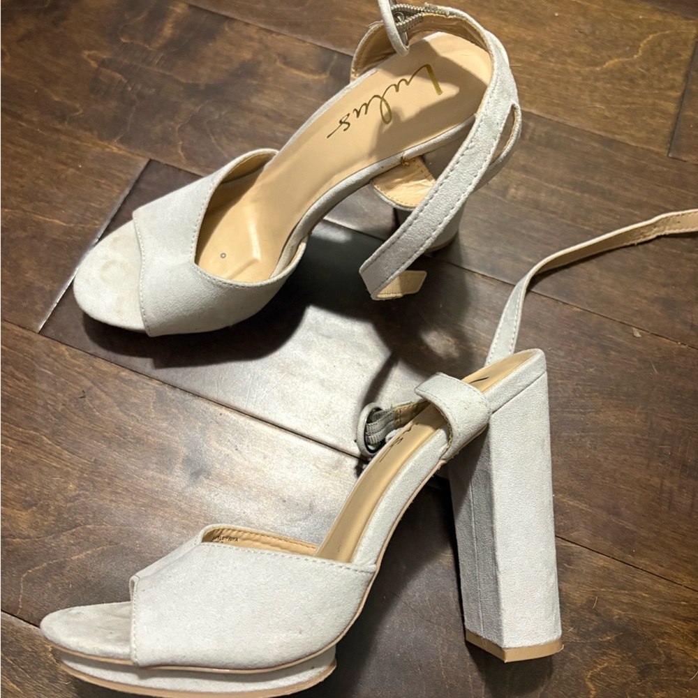 Lulu's Light Gray Suede Block Heel Sandals with Ankle Strap